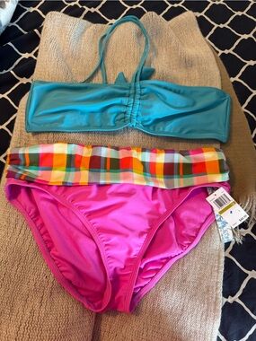 Turquoise Bandeau Top with Pink & Multi-Color Plaid Bikini Bottoms